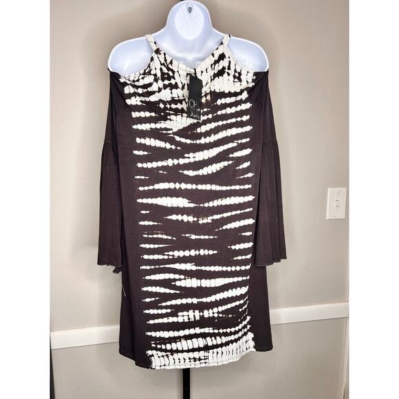 NWT Chaser Tie Dye Striped Cold Shoulder V-Neck Mini Dress Black/White Women's M - Picture 4 of 7